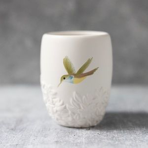White floral ceramic hummingbird bathroom cup planter vase